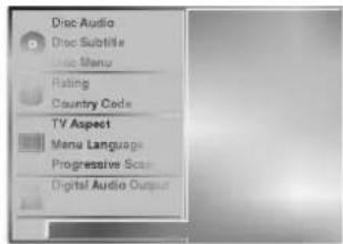 Disc Audio Disc Subtile Music Menu Rating Country Code TV Aspect Menu Language Progressive Scan Digital Audio Output