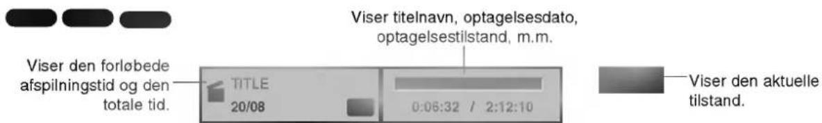 Viser den forløbede afspilningstid og den totale tid. TITLE 20/08 0:06:32 / 2:12:10 Viser titelnavn, optagelsesdato, optagelsestilstand, m.m. Viser den aktuelle tilstand.