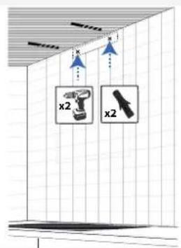 Diagram showing two labeled robotic devices (x2) with directional arrows and a ceiling structure, likely illustrating a mechanical or safety scenario.