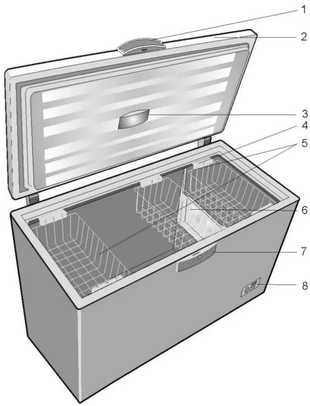 Technical diagram of an open refrigerator with numbered parts labeled for identification.