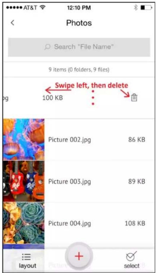 AT&T 12:10 PM Photos Search "File Name" 9 items (0 folders, 9 files) Swipe left, then delete 100 KB picture 002.jpg 86 KB picture 003.jpg 89 KB picture 004.jpg 108 KB layout + select