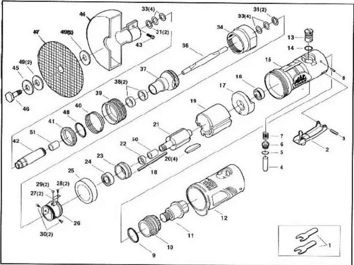 Exploded view diagram of a mechanical assembly with numbered parts and cross-sectional views