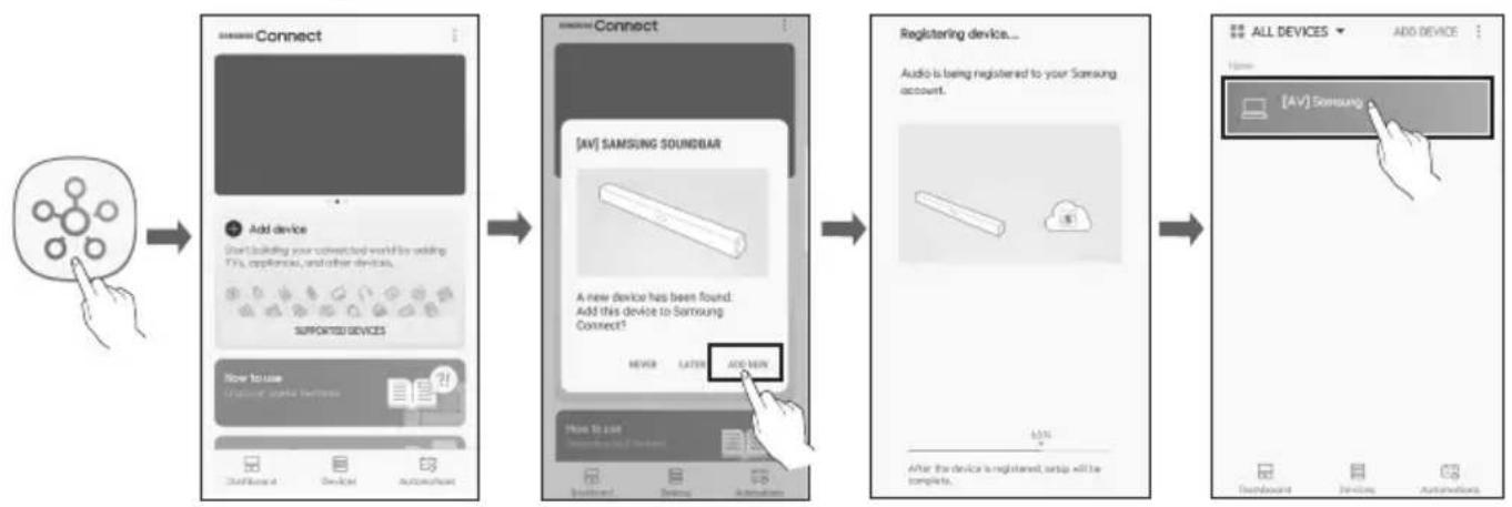 graph LR A["Start with a network icon"] --> B["Add device: Start building your connected world by adding FPs, appliances, and other devices."] B --> C["Supported Devices: Start building your connected world by adding FPs, appliances, and other devices."] C --> D["Now to use: Software interface featu…