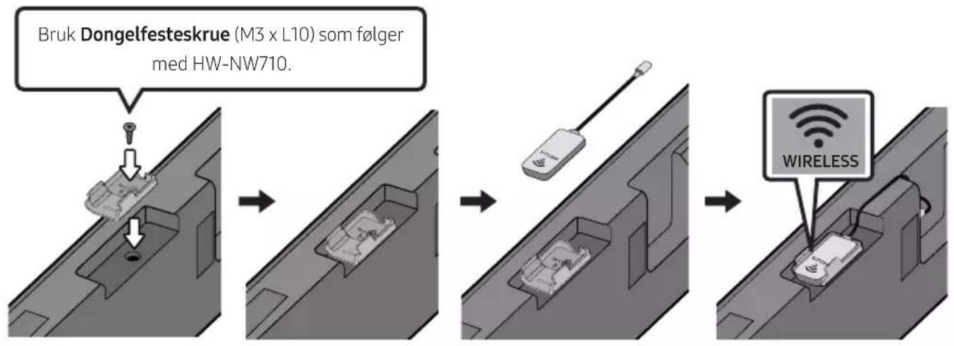 graph LR A["Bruk Dongelfesteskrue (M3 x L10) som følger med HW-NW710."] --> B["Step 1: Mounting device with cable"] B --> C["Step 2: Cable sensor connected via antenna"] C --> D["Step 3: Cable sensor connected via wireless network"] D --> E["End: Wireless sensor connected via cable"]