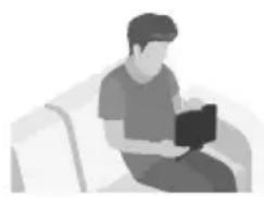 Illustration of a person sitting on a sofa using a laptop (no text or symbols).