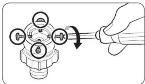 Illustration of a hand using a tool to adjust or install a mechanical component with three circular parts (no text or symbols present)