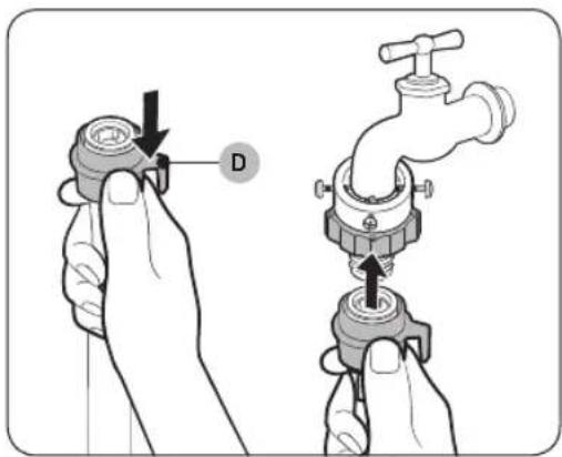 Diagram showing two hands adjusting a faucet handle with labeled component D, illustrating the process of adjustment or repair.
