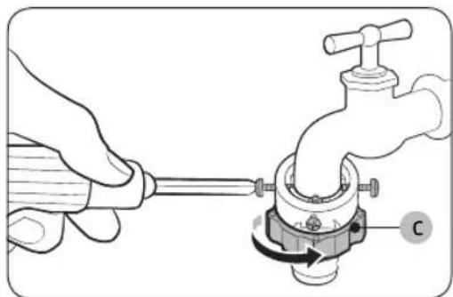 Illustration of a hand using a tool to adjust a faucet with a valve (no text or symbols present)