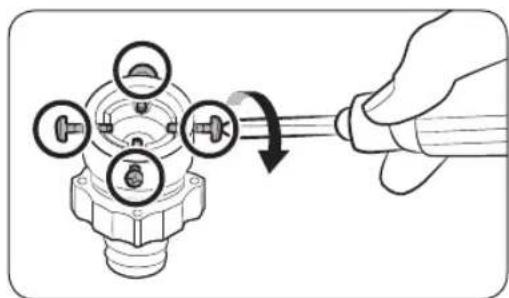 Illustration of a hand using a screwdriver to adjust a mechanical component (no text or symbols present)