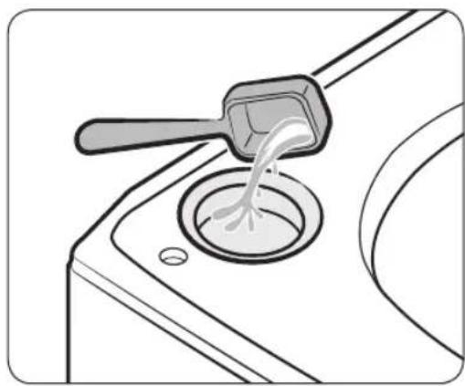 Illustration of a hand pouring liquid into a circular tank (no text or symbols)