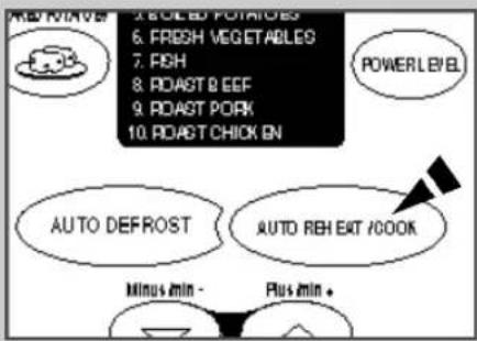 MOB/MLVE 3. BULGED POTATOES 6. FRESH VEGETABLES 7. FISH 8. ROAST B EEF 9. ROAST PORK 10. ROAST CHICK EN POWER LEVEL AUTO DEFROST AUTO REH EAT /COOK Minus min - Plus min.