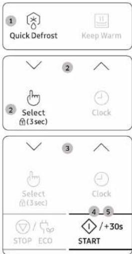 1 Quick Defrost 2 Select (3 sec) 3 Select (3 sec) 4 / +30s START 5 Clock 6 Keep Warm