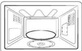 Simple line drawing of a microwave oven with doors and a central dish (no text or symbols)