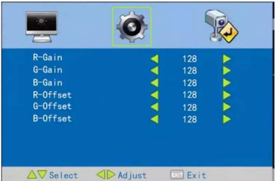 R-Gain G-Gain B-Gain R-Offset G-Offset B-Offset 128 128 128 128 128 128 Select Adjust Exit