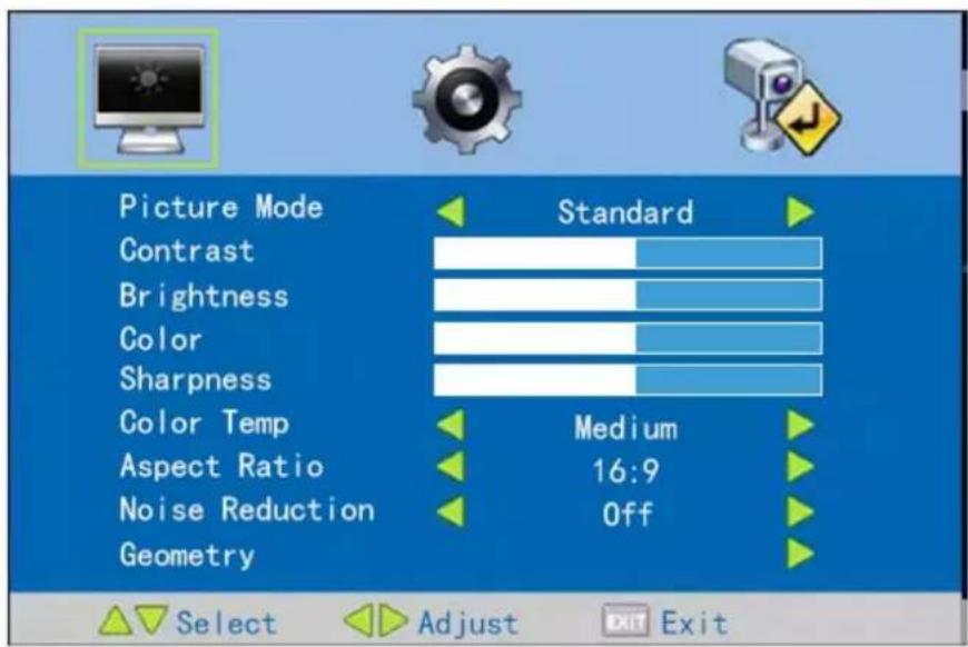 Picture Mode Contrast Brightness Color Sharpness Color Temp Aspect Ratio Noise Reduction Geometry Standard Medium 16:9 Off Select Adjust Exit Exit