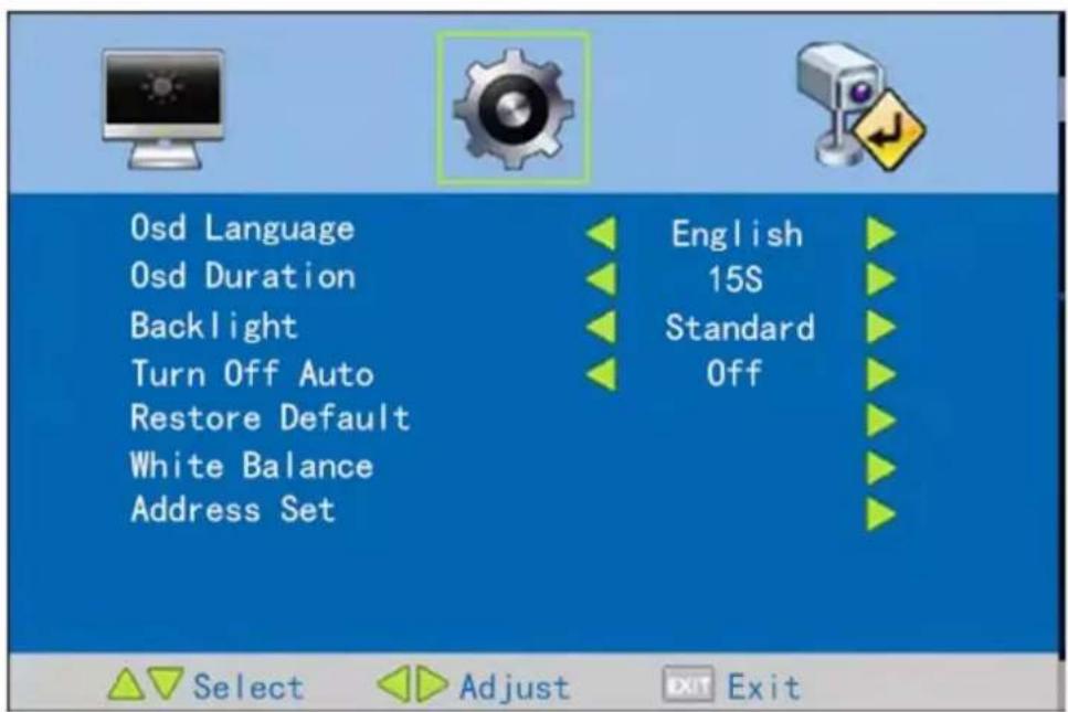 Osd Language Osd Duration Backlight Turn Off Auto Restore Default White Balance Address Set English 15S Standard Off Select Adjust Exit Exit