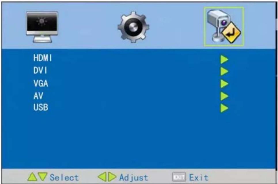 HDMI DVI VGA AV USB Select Adjust Exit