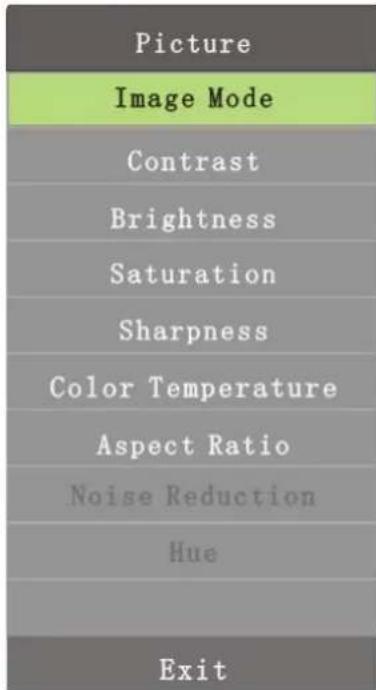 Picture Image Mode Contrast Brightness Saturation Sharpness Color Temperature Aspect Ratio Noise Reduction Hue Exit