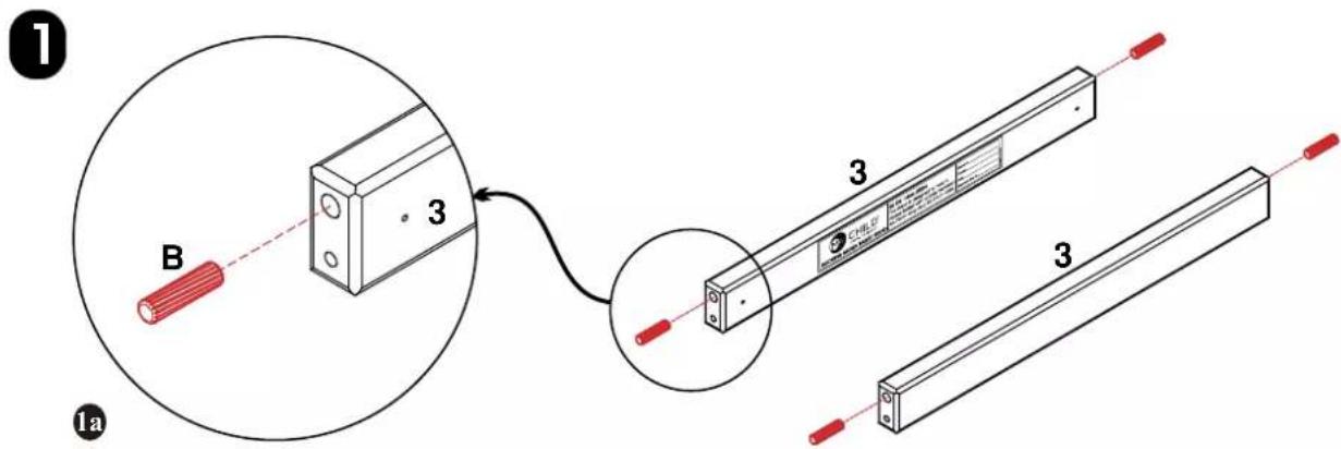 Technical diagram showing assembly steps of a mechanical component with labeled parts and numbered callouts