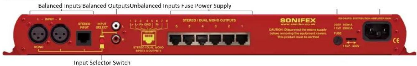 Balanced Inputs Balanced OutputsUnbalanced Inputs Fuse Power Supply L INPUT - R STEREO INPUT INPUT SELECT L N 1 2 3 4 5 6 7 8 L+ L- R+ GND R+ STEREO/DUAL MONO OUTPUTS SONIFEX www.sonifex.co.uk CAUTION: Disconnect the mains supply before removing the equipment covers. This product must be earthed RS-…