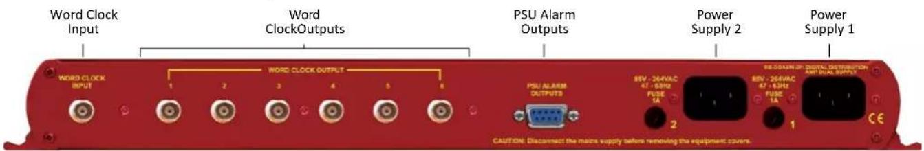 Word Clock Input WORD CLOCK INPUT WORD CLOCK OUTPUTS PSU Alarm Outputs Power Supply 2 Power Supply 1 WORD CLOCK OUTPUT 1 2 3 4 5 6 PSU ALARM OUTPUTS BE-26VAC 47 - 0.0Hz FUSE 1A 2 BE-26VAC 47 - 0.0Hz FUSE 1A CE CAUTION: Disconnect the mains supply before removing the equipment covers.