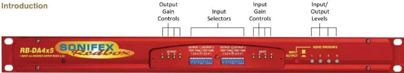 Introduction Output Gain Controls Input Selectors Input Gain Controls Input/ Output Levels RB-DA4x5 SONIFEX 120000 OUTPUT | OUTPUT 3 OUTPUT 4 OUTPUT 5 OUTPUT 6 TEST TIME TEST TIME TEST TIME TEST TIME 1234/2341 1234/2341 INPUT OUTPUT 1 2 3 4 AUDIO PRESENCE INPUT OUTPUT 1 2 3 4