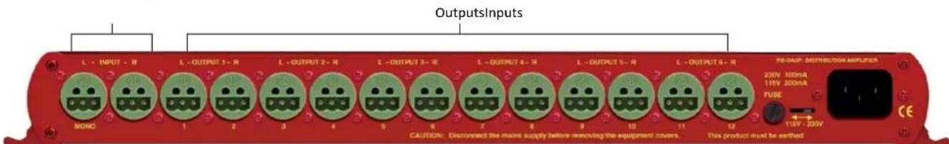 OutputsInputs L - INPUT - N L - OUTPUT 1 - R L - OUTPUT 2 - R L - OUTPUT 3 - R L - OUTPUT 4 - R L - OUTPUT 5 - R L - OUTPUT 6 - R FOS-DIP, SOTRIFICATION AMPLIERS 250V 100mA 115V 200mA FUSE 115V 250V CAUTION: Disconnect the mains supply before removing the equipment covers. This product must be earth…
