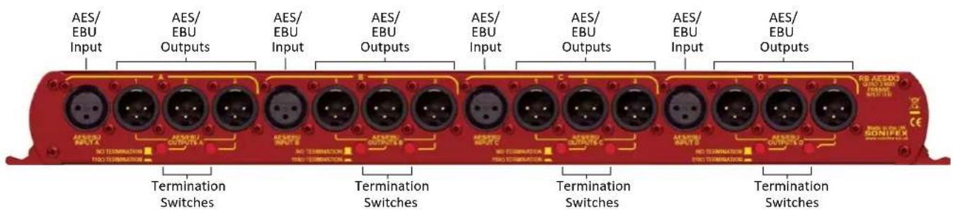 AES/EBU Input AES/EBU Outputs AES/EBU Input AES/EBU Outputs AES/EBU Input AES/EBU Outputs AES/EBU Input AES/EBU Outputs AES/EBU No TERMINATION No TERMINATION Termination Switches Termination Switches Termination Switches Termination Switches AES/EBU Output D AES/EBU Output S AES/EBU Output T AES/EBU…