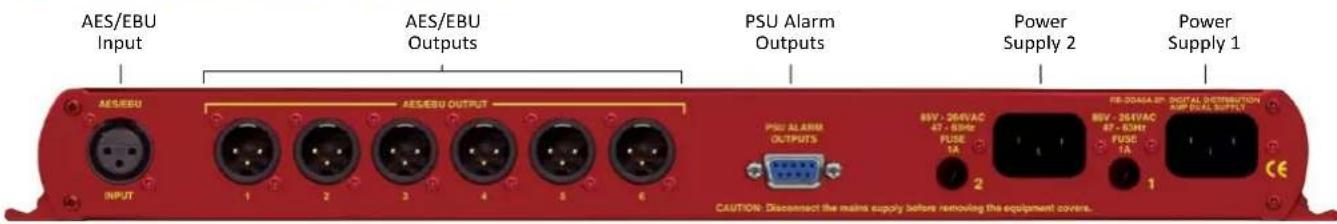 AES/EBU Input AES/EBU OUTPUT PSU Alarm Outputs Power Supply 2 Power Supply 1 AES/EBU INPUT AES/EBU OUTPUT PSU ALARM OUTPUTS BVV -264VAC 87 - 89M FUSE 1A 2 FE-204A 2P. DIGITAL DISTRIBUTION SUP DUAL SUPPLY BEV -264VAC 87 - 89M FUSE 1A CE CAUTION: Disconnect the mains supply before removing the equipme…