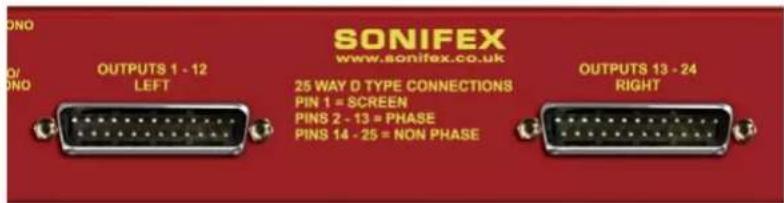 SONIFEX www.sonifex.co.uk OUTPUTS 1 - 12 LEFT 25 WAY D TYPE CONNECTIONS PIN 1 = SCREEN PINS 2 - 13 = PHASE PINS 14 - 25 = NON PHASE OUTPUTS 13 - 24 RIGHT