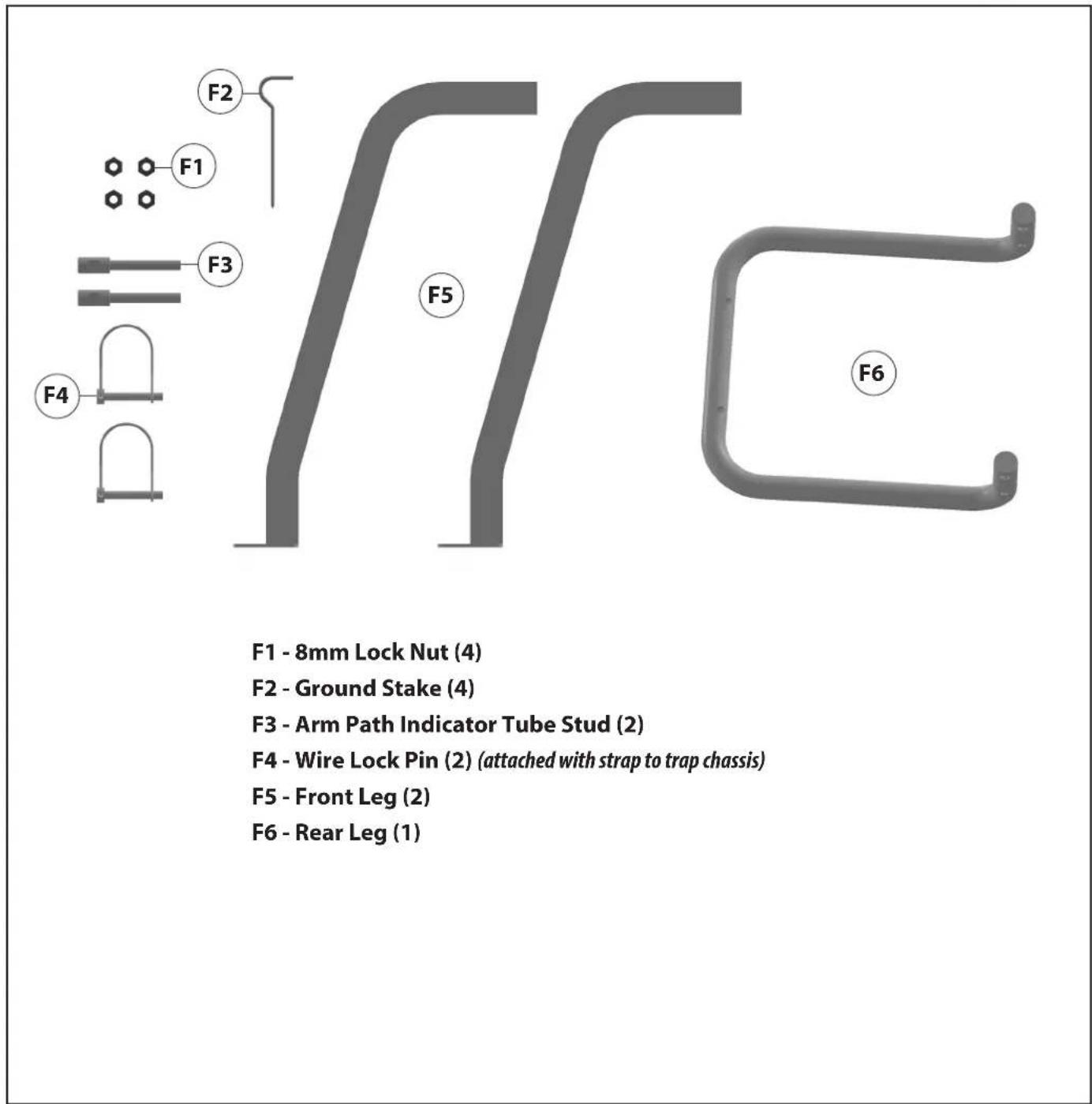 F1 - 8mm Lock Nut (4) F2 - Ground Stake (4) F3 - Arm Path Indicator Tube Stud (2) F4 - Wire Lock Pin (2) (attached with strap to trap chassis) F5 - Front Leg (2) F6 - Rear Leg (1)