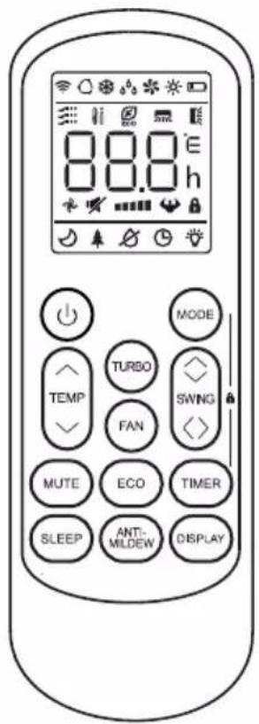 8.0.0 8.0.0 h MODE TURBO SWNG FAN MUTE ECO TIMER SLEEP ANTI- MILDEW DISPLAY
