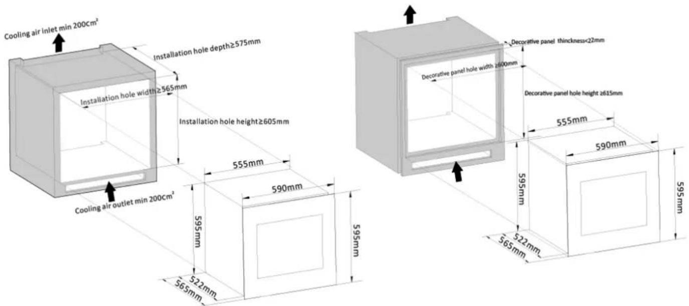 Cooling air inlet min 200cm² Installation hole depth≥575mm Installation hole width≥565mm Installation hole height≥605mm Cooling air outlet min 200cm² 555mm 590mm 595mm 522mm 565mm 595mm Decorative panel hole width ≥600mm Decorative panel hole height ≥615mm Decorative panel thickness<22mm 555mm 590mm 595mm 522mm 565mm 595mm