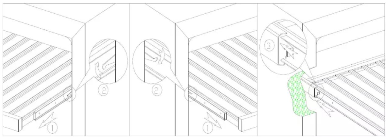 Technical diagram showing three-step installation of a wooden beam with labeled components and directional arrows