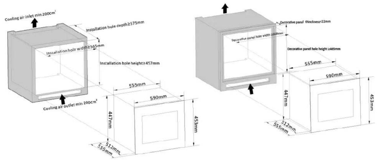 Cooling air inlet min 200cm² Installation hole width≥565mm Installation hole depth≥575mm Installation hole height≥457mm Cooling air outlet min 200cm² 555mm 590mm 447mm 512mm 555mm 453mm Decorative panel hole width 2600mm Decorative panel hole height ≥465mm Decorative panel thickness<22mm 555mm 590mm 447mm 512mm 555mm 453mm