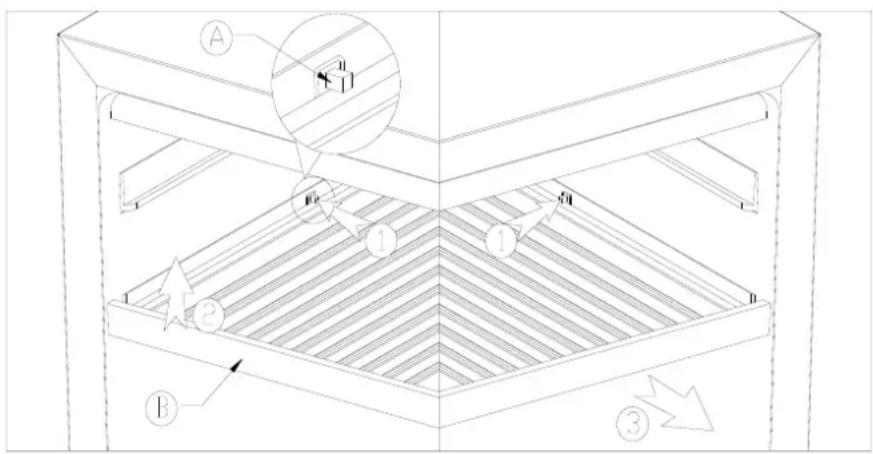 Technical diagram of a roof structure with labeled components and directional arrows indicating flow or movement.