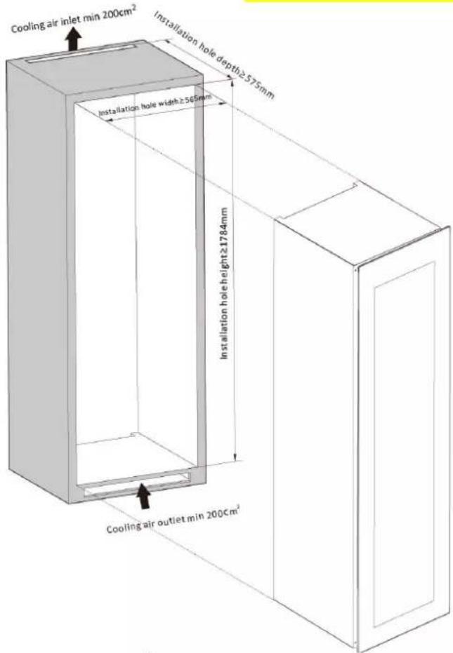 Cooling air inlet min 200cm² Installation hole depth≥575mm Installation hole width ≥565mm Installation hole height ≥1784mm Cooling air outlet min 200cm³