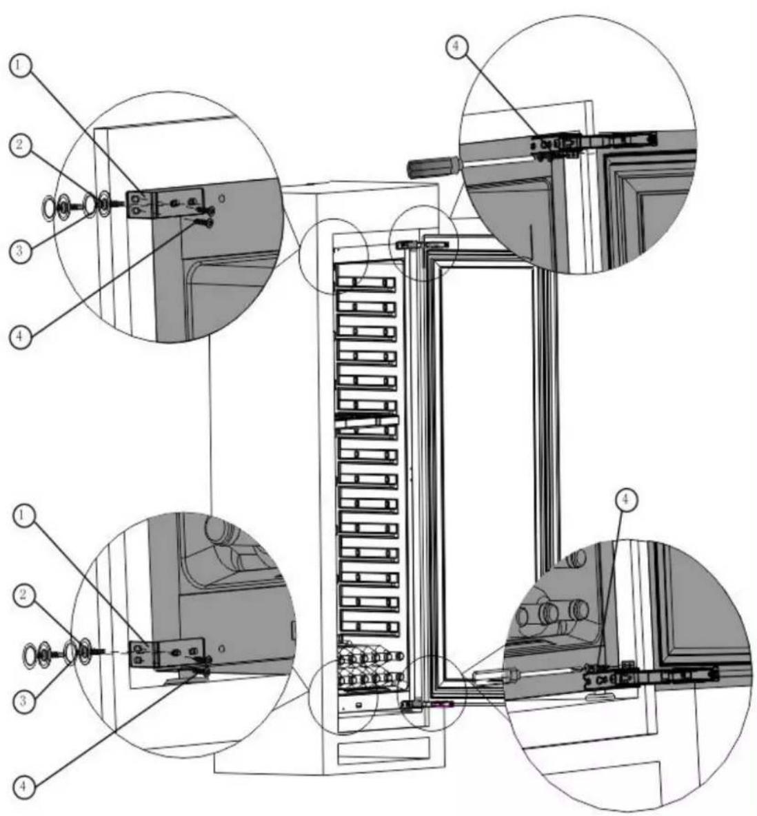 Technical diagram of a refrigerator interior with numbered components and close-ups of internal parts, likely for assembly or maintenance.
