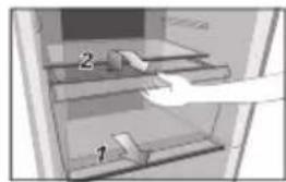 Diagram showing a hand placing objects labeled 1 and 2 on a shelf, likely illustrating a storage or inspection procedure.