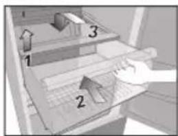 Diagram showing a hand placing objects into a storage tray with numbered parts, likely illustrating a storage or sorting process.