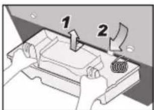 Diagram showing two labeled components (1 and 2) interacting with a mechanical device, likely illustrating a process or assembly.