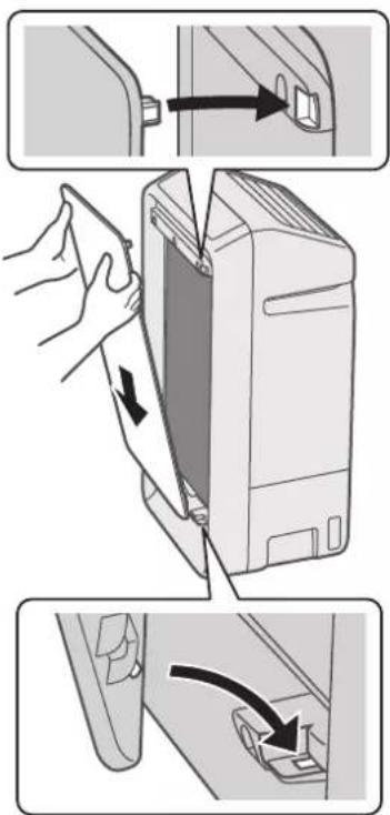 Diagram illustrating a door lock operation with labeled steps and directional arrows indicating movement.