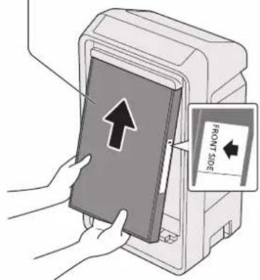 Diagram showing hands inserting a card into an open device with a directional arrow labeled 'FRONT SIDE'