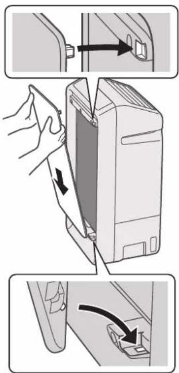 Diagram illustrating a door lock operation with labeled steps and directional arrows indicating movement.