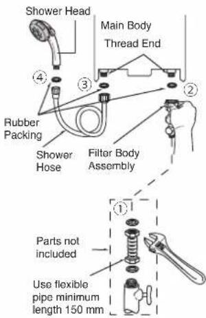 Shower Head Main Body Thread End Rubber Packing Shower Hose Filter Body Assembly Parts not included Use flexible pipe minimum length 150 mm