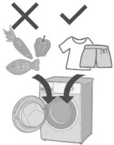 Illustration showing washing machine with food items including a refrigerator, fish, vegetables, and a T-shirt, accompanied by checkmarks and crossed-out symbols.