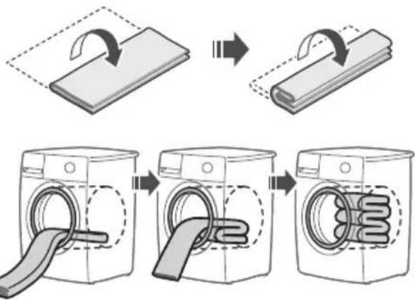 Diagram illustrating the step-by-step fabrication of a washing machine, showing fabric being folded into a plastic sheet.