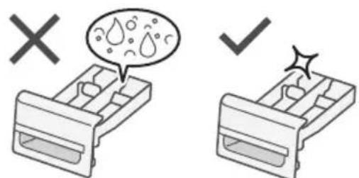 Diagram showing two states of a plastic component with water droplets and a checkmark indicating inspection or clearance.