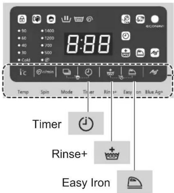 90 1400 60 1200 40 700 30 500 Cold 8:88 Temp Spin Mode Timer Rin+ Easy on Blue Ag+ Timer Rinse+ Easy Iron