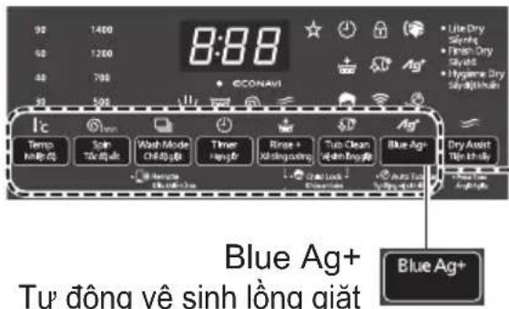 8:88 Temp Lighting Spin Turing Wash Mode Chilling Timer Energy Rise + Jilling Tub Clean Edu Lighting Blue Ag+ Dry Assist Turing Skills Blue Ag+ Tự động về sinh lòng giặt
